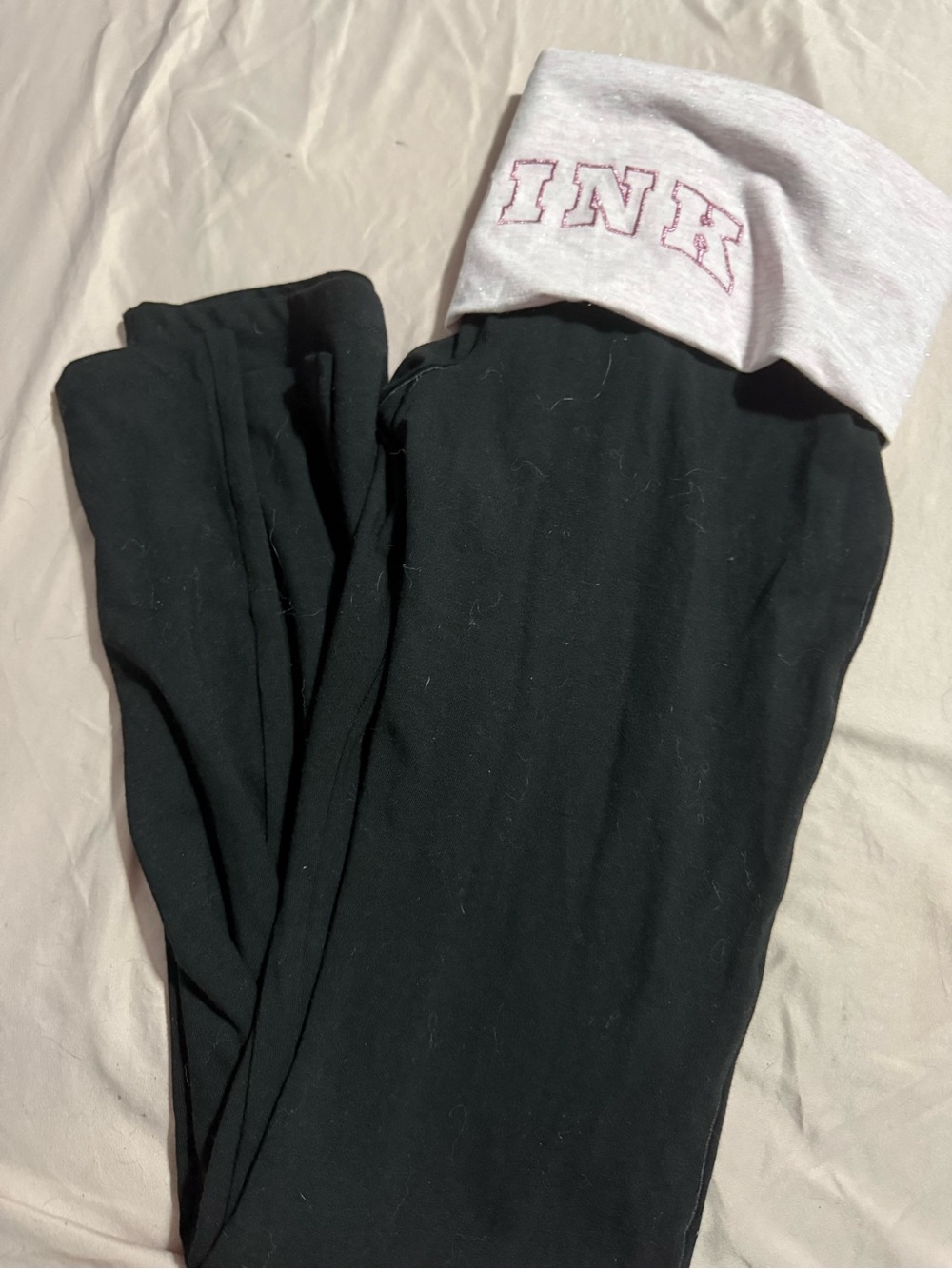 PINK Black Leggings with Light Pink Fold-Over Waistband